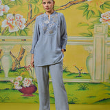 Aiyana Steel Blue Foil Embroidered Co-ord Set