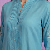 Aqua Cotton Resham Sequin Embroidered Shirt