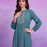 Green Rayon Embroidered Mandarin Collar Top
