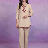 Beige Cotton Slub Applique Dori Work Co-ord Set