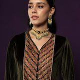 Vedhi Olive Green Embroidered Velvet Suit Set with Brasso Dupatta