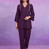 Purple Rayon V-Neck Co-ord Set with Palazzo