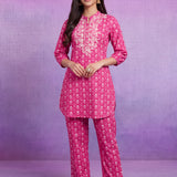 Fuchsia Pure Cotton Embroidered Mandarin Collar Co-ord Set