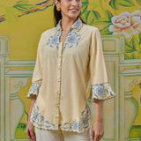 Anaya Tint Yellow Embroidered Linen-Textured Shirt