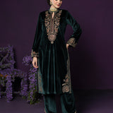 Eshira Emerald Green Embroidered Velvet Suit Set with Banarasi Dupatta