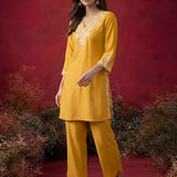 Mustard Embroidered Cotton Blend Regular Kurta Set