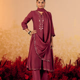 Tara Matt Maroon Embroidered Anarkali Suit Set
