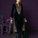 Eshira Emerald Green Embroidered Velvet Suit Set with Banarasi Dupatta