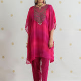 Aarohi Electric Fuchsia Ombre Embroidered Kaftan Set