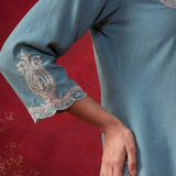 Teal Embroidered Cotton Blend Regular Kurta Set