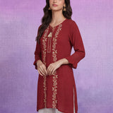 Red  Floral Embroidered Straight Kurti