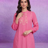 Pink Rayon Embroidered Mandarin Collar Top