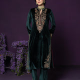 Eshira Emerald Green Embroidered Velvet Suit Set with Banarasi Dupatta