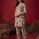 Cream Metallic Print & Pearl Kurta Set
