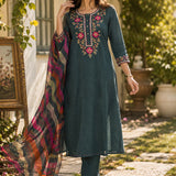 Cotton Blend Embroidered Kurta Trouser Dupatta Set