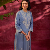 Saadgi Windy Blue Embroidered Cotton Linen Tunic for Women