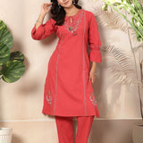 Cotton Blend Floral Embroidered Kurta Trouser Set