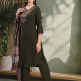 Silk Blend Floral Yoke Embroidered Kurta Palazzo Dupatta Set