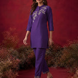 Dark Purple Solid Cotton Straight Co-Ord Set