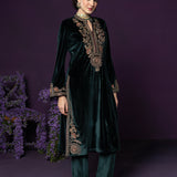 Eshira Emerald Green Embroidered Velvet Suit Set with Banarasi Dupatta