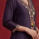 Ibadat Deep Purple Floral Embroidered Rayon V-neck Kurta Set with Pockets