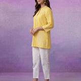 Yellow Embroidered Cotton Slub Relaxed Top