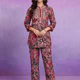 Pink Rayon Floral Embroidered Straight Co-ord Set