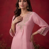 Pink Embroidered Cotton Blend Regular Kurta Set
