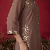 Mushroom Brown Embroidered Mul Chanderi Co-ord Set