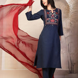 Cotton Blend Floral Embroidered Kurta Palazzo Dupatta Set
