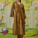 Zoya Olive Green Embroidered Panelled A-Line Kurta Set