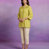 Lemon Cotton Resham Zari Embroidered Puff Sleeve Shirt