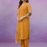 Yellow Printed Suit Set with Applique Neckline