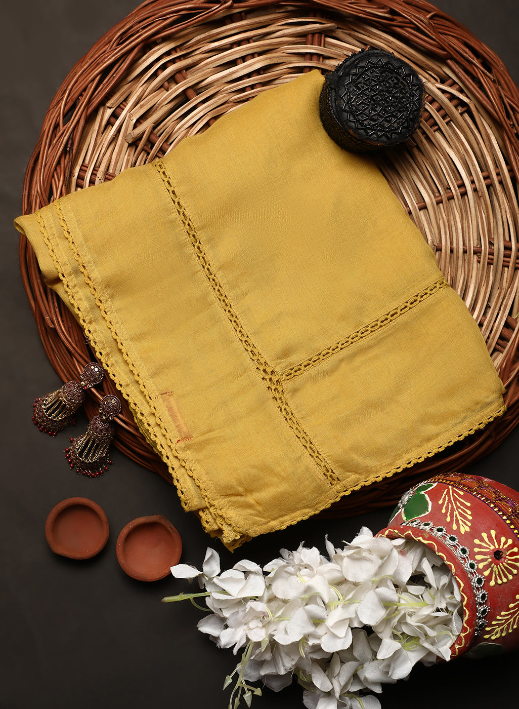 Subtle Yellow Solid Dupatta with Lace work