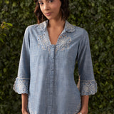 Sara Blue Embroidered Chambray Shirt for Women