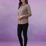 Solid Beige Satin Straight Full-Sleeve Shirt