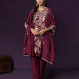 Aarvi Wine Floral Embroidered Suit Set with Dupatta