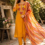 Cotton Blend Embroidered Kurta Trouser Dupatta Set