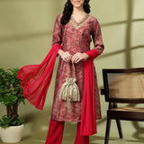 Chanderi Cotton Printed Kurta Trouser Dupatta Set