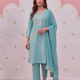 Noor Cyan Blue Aari Embroidered Suit Set