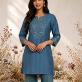 Inaya Blue Resham Embroidered Cotton Blend Kurti