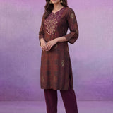 Wine All-Over Printed Cotton A-Line Kurta Set