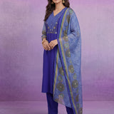 Bright Blue Printed Suit Set with Applique Neckline
