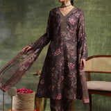 Wool Blend Floral Printed Kurta Trouser Dupatta Set