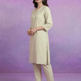 Ivory Cotton Slub Resham Zari Embroidered Kurta Set