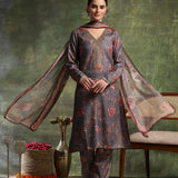 Wool Blend Floral Printed Kurta Trouser Dupatta Set