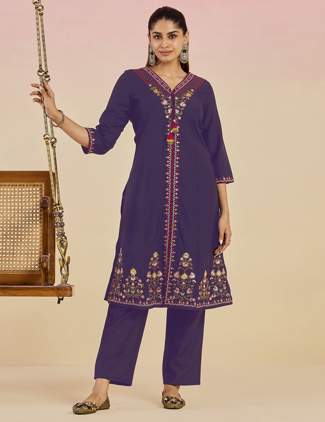 Ibadat Deep Purple Floral Embroidered Rayon V-neck Kurta Set with Pockets