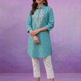 Aqua Blue All-Over Printed Cotton Cambric Straight Kurti