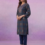Navy All-Over Printed Cotton A-Line Kurta Set