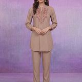 Beige Embroidered Co-ord Set with Raglan Sleeves